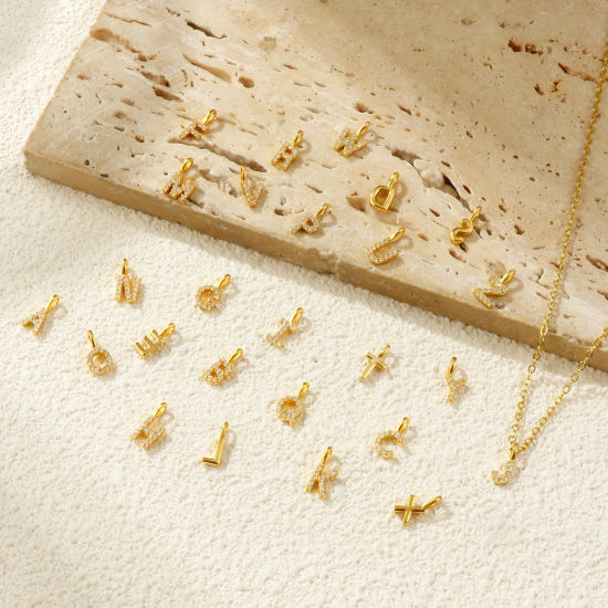 Picture of Sterling Silver Capital Alphabet Initial Letter Name Charms 18K Gold Plated Message " A-Z " Micro Pave