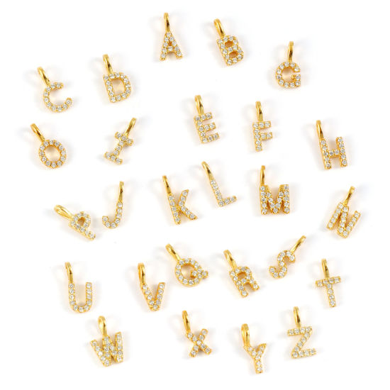 Picture of Sterling Silver Capital Alphabet Initial Letter Name Charms 18K Gold Plated Message " A-Z " Micro Pave