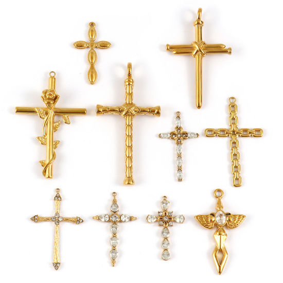 Immagine di 1 Pz Placcatura Sottovuoto PVD Ecologica 304 Acciaio Inossidabile Religione Ciondoli Pendenti 18K Vero Oro Placcato Croce