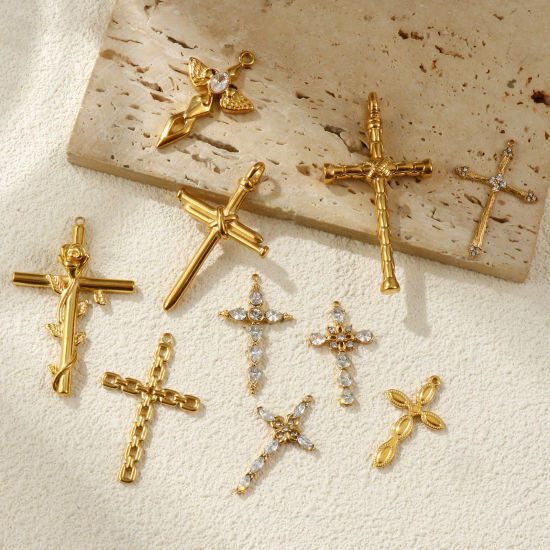 Immagine di 1 Pz Placcatura Sottovuoto PVD Ecologica 304 Acciaio Inossidabile Religione Ciondoli Pendenti 18K Vero Oro Placcato Croce