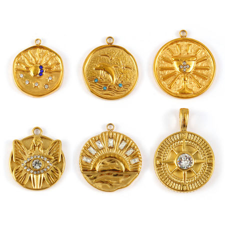 Umweltfreundliche PVD-Vakuumbeschichtung 304 Edelstahl & Strass Charms 18K Echtgold plattiert Rund Scheibe