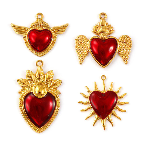Immagine di 2 Pz Placcatura Sottovuoto PVD Ecologica 304 Acciaio Inossidabile Religione Ciondoli Pendenti 18K Vero Oro Placcato Rosso Smalto Ex Voto Cuore