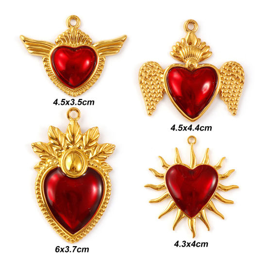 Immagine di 2 Pz Placcatura Sottovuoto PVD Ecologica 304 Acciaio Inossidabile Religione Ciondoli Pendenti 18K Vero Oro Placcato Rosso Smalto Ex Voto Cuore