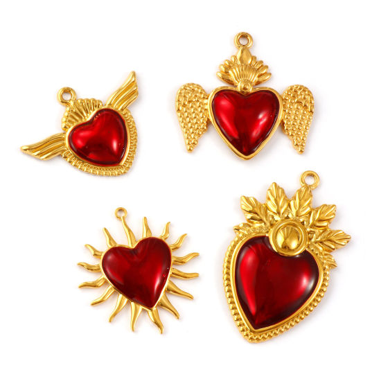 Immagine di 2 Pz Placcatura Sottovuoto PVD Ecologica 304 Acciaio Inossidabile Religione Ciondoli Pendenti 18K Vero Oro Placcato Rosso Smalto Ex Voto Cuore