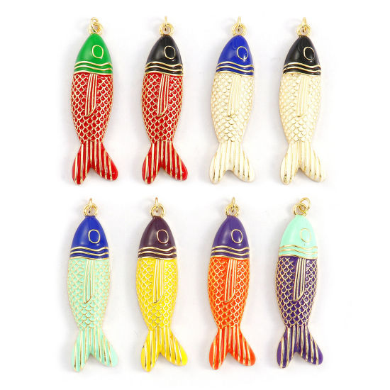 Bild von 1 Piece Eco-friendly Brass Ocean Jewelry Pendants 18K Real Gold Plated Enamel Fish Animal 5.6cm x 1.5cm