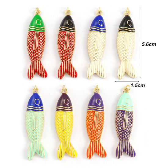 Bild von 1 Piece Eco-friendly Brass Ocean Jewelry Pendants 18K Real Gold Plated Enamel Fish Animal 5.6cm x 1.5cm