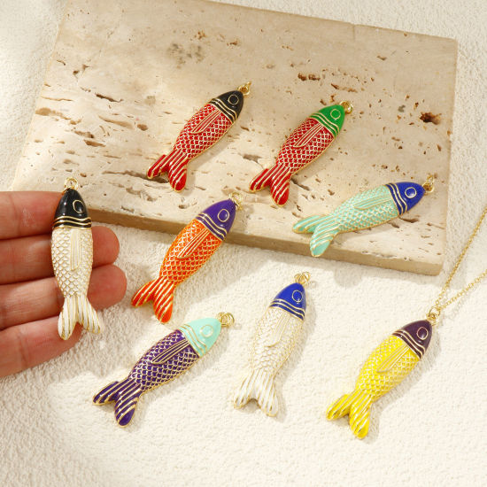 Bild von 1 Piece Eco-friendly Brass Ocean Jewelry Pendants 18K Real Gold Plated Enamel Fish Animal 5.6cm x 1.5cm