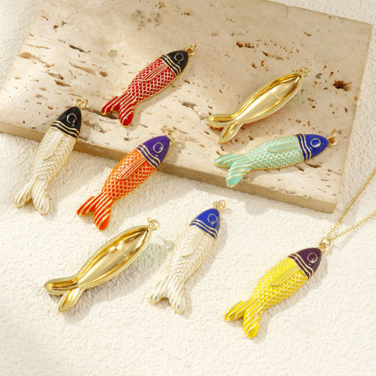 Bild von 1 Piece Eco-friendly Brass Ocean Jewelry Pendants 18K Real Gold Plated Enamel Fish Animal 5.6cm x 1.5cm