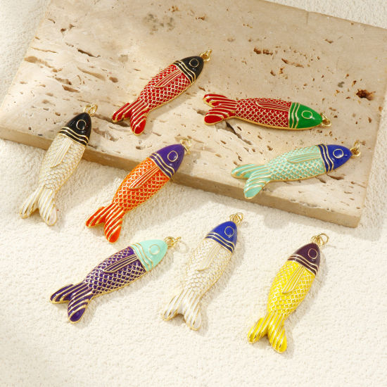 Bild von 1 Piece Eco-friendly Brass Ocean Jewelry Pendants 18K Real Gold Plated Enamel Fish Animal 5.6cm x 1.5cm
