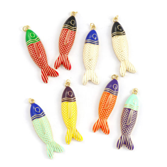 Bild von 1 Piece Eco-friendly Brass Ocean Jewelry Pendants 18K Real Gold Plated Enamel Fish Animal 5.6cm x 1.5cm