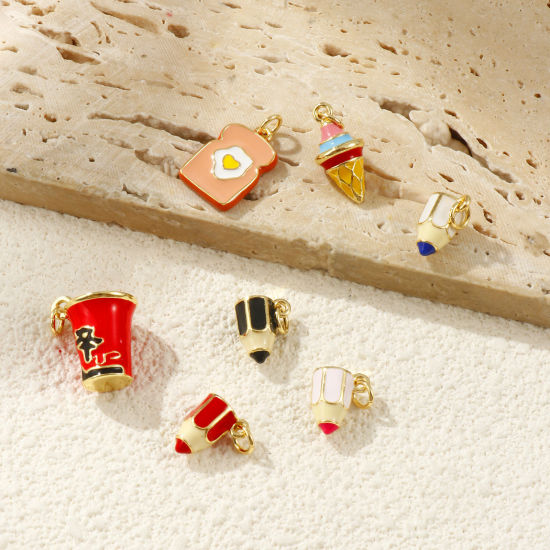 Picture of 1 Piece Eco-friendly Brass Charms 18K Real Gold Plated Enamel 3D 15mm x 9mm