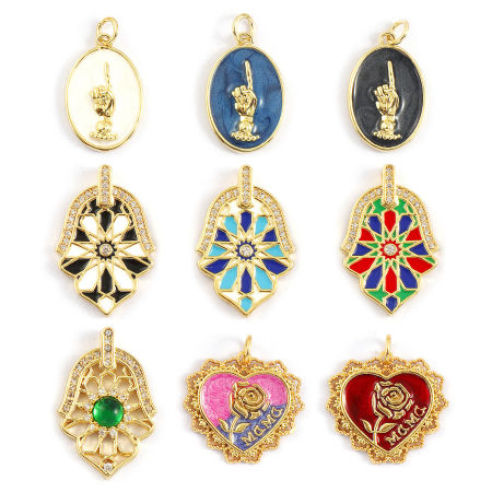 Eco-friendly Brass Charms 18K Real Gold Plated Hamsa Symbol Hand Heart Enamel