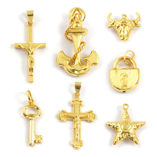 1 個 エコフレンドリー 真鍮 チャーム 18Kリアルゴールドメッキ アンカー クロス の画像