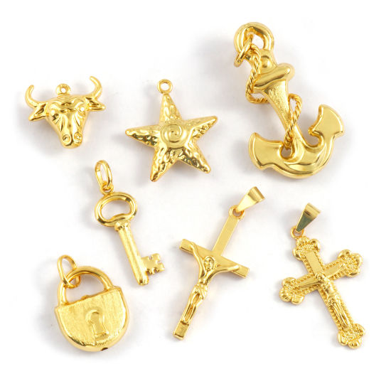 1 個 エコフレンドリー 真鍮 チャーム 18Kリアルゴールドメッキ アンカー クロス の画像