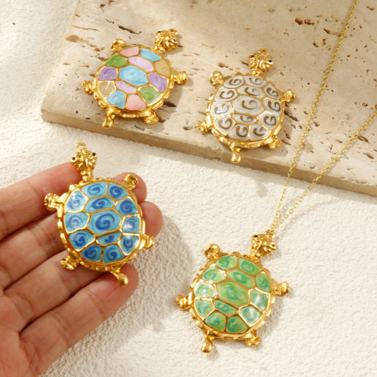 Bild von 1 Piece Eco-friendly PVD Vacuum Plating 304 Stainless Steel Ocean Jewelry Pendants 18K Real Gold Plated Enamel Sea Turtle Animal Pearlized Black Rhinestone 5.7cm x 3.5cm