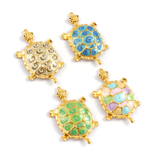 Bild von 1 Piece Eco-friendly PVD Vacuum Plating 304 Stainless Steel Ocean Jewelry Pendants 18K Real Gold Plated Enamel Sea Turtle Animal Pearlized Black Rhinestone 5.7cm x 3.5cm