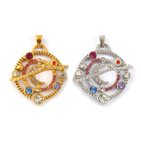 Eco-friendly PVD Vacuum Plating 304 Stainless Steel Galaxy Pendants 18K Real Gold Plated Planet Hollow Multicolor Rhinestone 4cm x 3.2cm