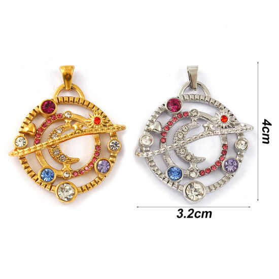 Picture of 1 Piece Eco-friendly PVD Vacuum Plating 304 Stainless Steel Galaxy Pendants 18K Real Gold Plated Planet Hollow Multicolor Rhinestone 4cm x 3.2cm