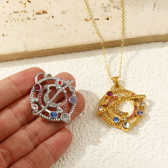 Picture of 1 Piece Eco-friendly PVD Vacuum Plating 304 Stainless Steel Galaxy Pendants 18K Real Gold Plated Planet Hollow Multicolor Rhinestone 4cm x 3.2cm