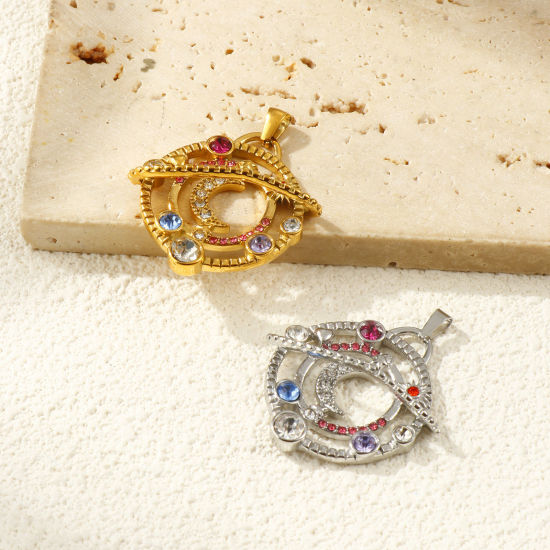 Picture of 1 Piece Eco-friendly PVD Vacuum Plating 304 Stainless Steel Galaxy Pendants 18K Real Gold Plated Planet Hollow Multicolor Rhinestone 4cm x 3.2cm