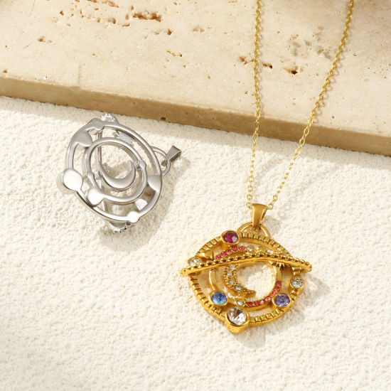 Picture of 1 Piece Eco-friendly PVD Vacuum Plating 304 Stainless Steel Galaxy Pendants 18K Real Gold Plated Planet Hollow Multicolor Rhinestone 4cm x 3.2cm