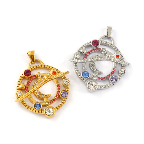 Picture of 1 Piece Eco-friendly PVD Vacuum Plating 304 Stainless Steel Galaxy Pendants 18K Real Gold Plated Planet Hollow Multicolor Rhinestone 4cm x 3.2cm