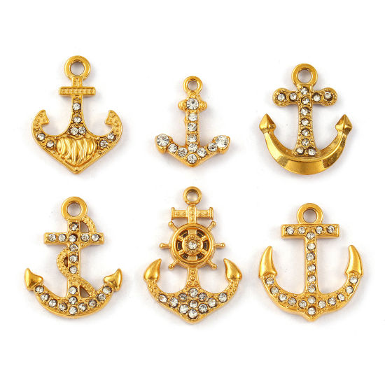 Picture of Eco-friendly PVD Vacuum Plating 304 Stainless Steel Charms 18K Real Gold Plated Anchor Micro Pave Clear Rhinestone