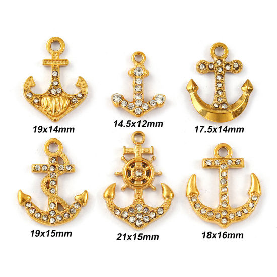 Picture of Eco-friendly PVD Vacuum Plating 304 Stainless Steel Charms 18K Real Gold Plated Anchor Micro Pave Clear Rhinestone