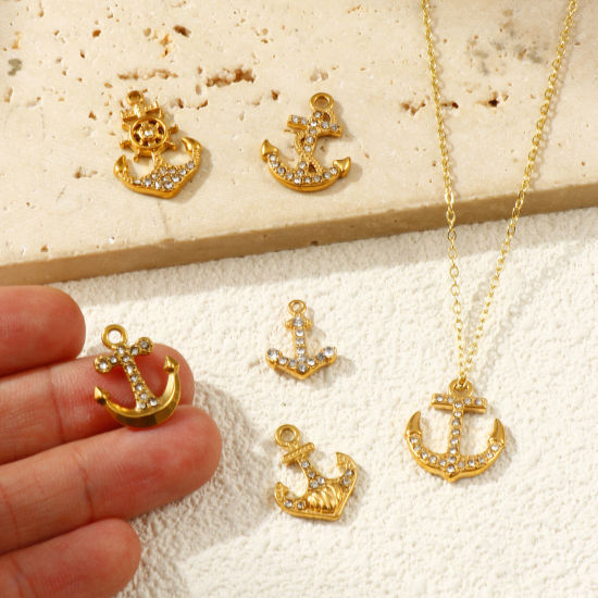 Picture of Eco-friendly PVD Vacuum Plating 304 Stainless Steel Charms 18K Real Gold Plated Anchor Micro Pave Clear Rhinestone