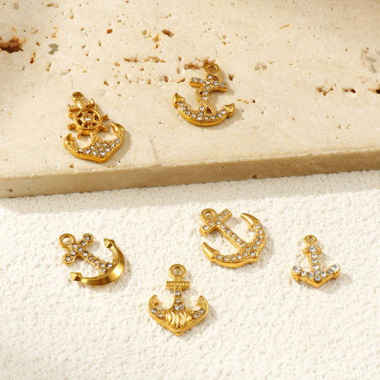 Picture of Eco-friendly PVD Vacuum Plating 304 Stainless Steel Charms 18K Real Gold Plated Anchor Micro Pave Clear Rhinestone