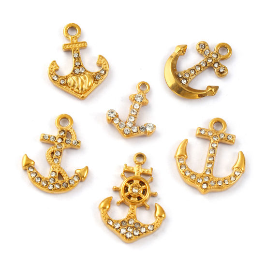 Picture of Eco-friendly PVD Vacuum Plating 304 Stainless Steel Charms 18K Real Gold Plated Anchor Micro Pave Clear Rhinestone