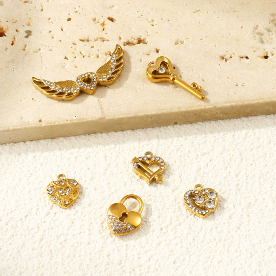 Picture of Eco-friendly PVD Vacuum Plating 304 Stainless Steel Valentine's Day Charms 18K Real Gold Plated Micro Pave Clear Rhinestone