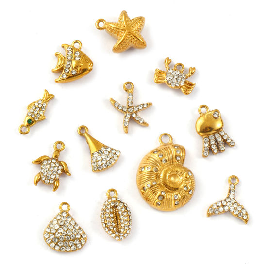 Immagine di 2 Pz Placcatura Sottovuoto PVD Ecologica 304 Acciaio Inossidabile Gioielli Oceanici Ciondoli 18K Vero Oro Placcato