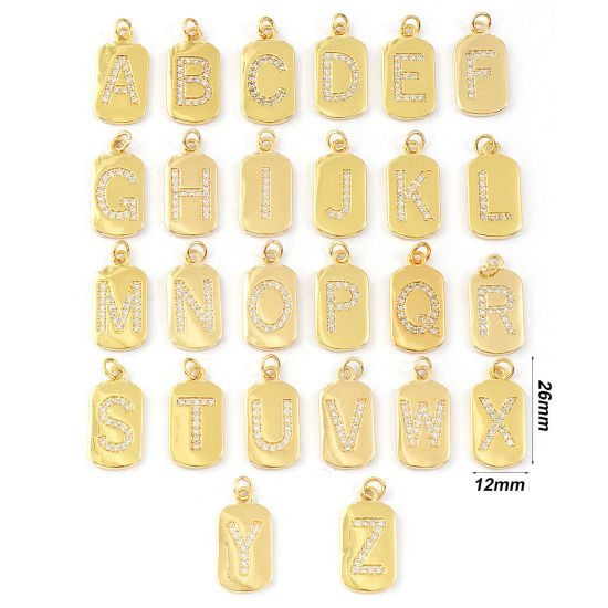 Imagen de 1 Piece Eco-friendly Brass Capital Alphabet Initial Letter Name Charms 14K Real Gold Plated Rectangle Message " A-Z " Micro Pave Clear Cubic Zirconia 26mm x 12mm