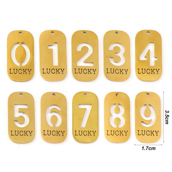 Picture of Eco-friendly PVD Vacuum Plating 304 Stainless Steel Pendants 18K Real Gold Plated Rectangle Lucky Number Message " 0-9 " Mirror Polishing 3.5cm x 1.7cm