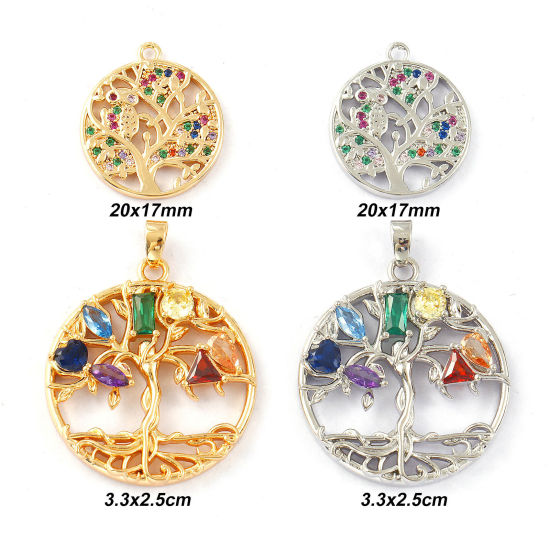 Picture of Eco-friendly Brass Charms Real Gold Plated Round Tree of Life Micro Pave Multicolour Cubic Zirconia