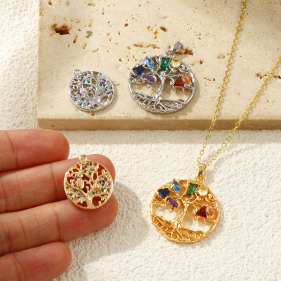 Picture of Eco-friendly Brass Charms Real Gold Plated Round Tree of Life Micro Pave Multicolour Cubic Zirconia