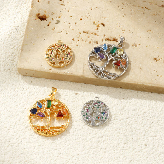Picture of Eco-friendly Brass Charms Real Gold Plated Round Tree of Life Micro Pave Multicolour Cubic Zirconia