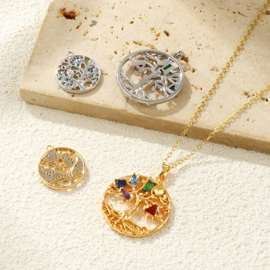 Picture of Eco-friendly Brass Charms Real Gold Plated Round Tree of Life Micro Pave Multicolour Cubic Zirconia