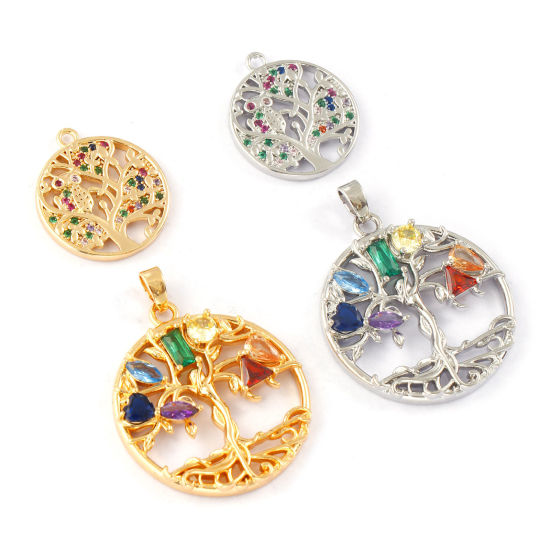 Picture of Eco-friendly Brass Charms Real Gold Plated Round Tree of Life Micro Pave Multicolour Cubic Zirconia