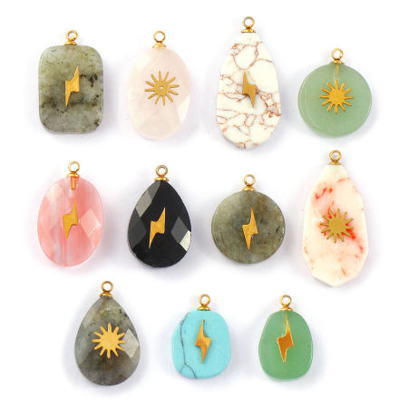 Eco-friendly 304 Stainless Steel & Gemstone Geometric Charms Gold Plated Multicolor Lightning