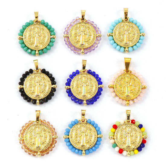 Immagine di 1 Pz Placcatura Sottovuoto PVD Ecologica 304 Acciaio Inossidabile & Vetro Religione Ciondoli Pendenti 18K Vero Oro Placcato Tondo Disco Medaglia di San Benedetto Doppia Faccia 3.4cm x 2.8cm