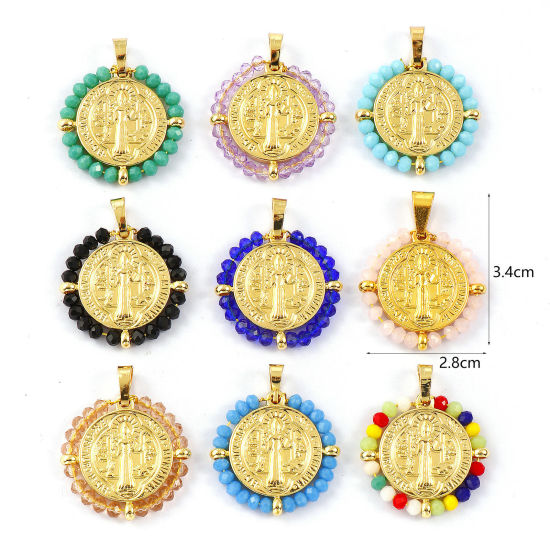 Immagine di 1 Pz Placcatura Sottovuoto PVD Ecologica 304 Acciaio Inossidabile & Vetro Religione Ciondoli Pendenti 18K Vero Oro Placcato Tondo Disco Medaglia di San Benedetto Doppia Faccia 3.4cm x 2.8cm