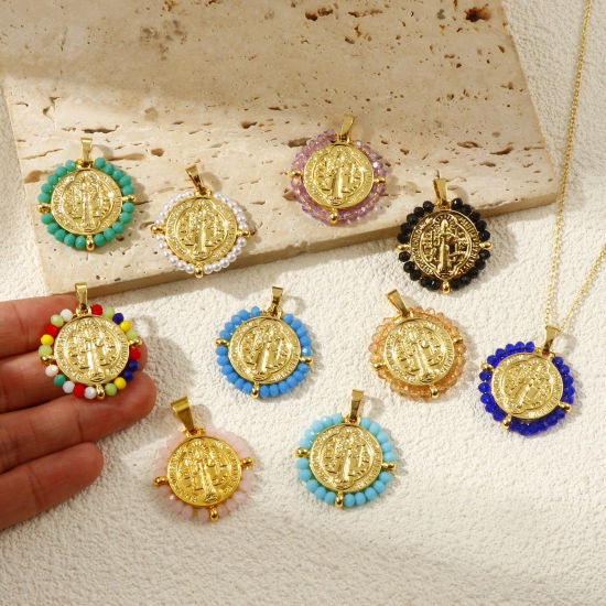 Immagine di 1 Pz Placcatura Sottovuoto PVD Ecologica 304 Acciaio Inossidabile & Vetro Religione Ciondoli Pendenti 18K Vero Oro Placcato Tondo Disco Medaglia di San Benedetto Doppia Faccia 3.4cm x 2.8cm