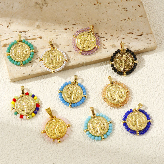 Immagine di 1 Pz Placcatura Sottovuoto PVD Ecologica 304 Acciaio Inossidabile & Vetro Religione Ciondoli Pendenti 18K Vero Oro Placcato Tondo Disco Medaglia di San Benedetto Doppia Faccia 3.4cm x 2.8cm