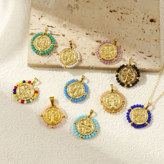 Immagine di 1 Pz Placcatura Sottovuoto PVD Ecologica 304 Acciaio Inossidabile & Vetro Religione Ciondoli Pendenti 18K Vero Oro Placcato Tondo Disco Medaglia di San Benedetto Doppia Faccia 3.4cm x 2.8cm