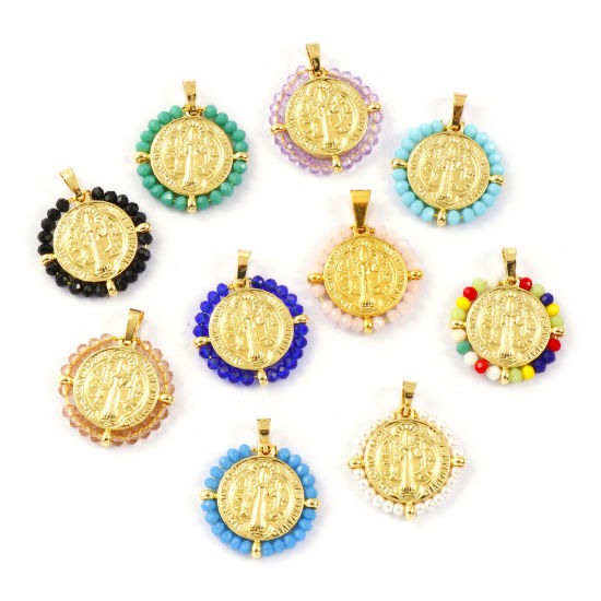 Immagine di 1 Pz Placcatura Sottovuoto PVD Ecologica 304 Acciaio Inossidabile & Vetro Religione Ciondoli Pendenti 18K Vero Oro Placcato Tondo Disco Medaglia di San Benedetto Doppia Faccia 3.4cm x 2.8cm