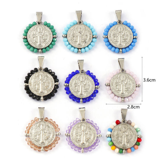 Bild von Umweltfreundlich 304 Edelstahl & Glas Religiös Anhänger Silberfarbe Rund Scheibe St. Benedikt-Medaille Doppelseitig 3.6cm x 2.8cm