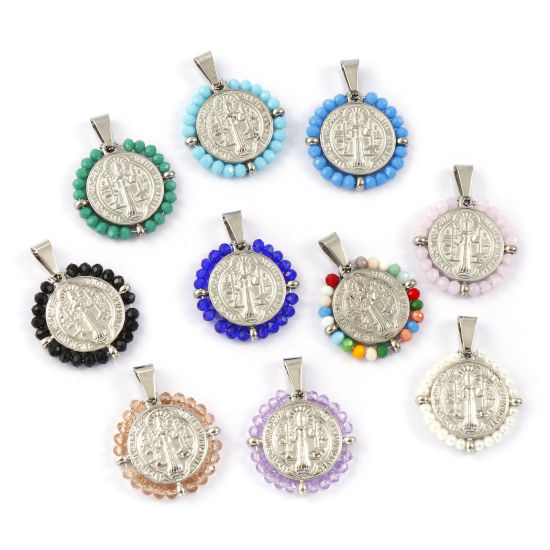 Bild von Umweltfreundlich 304 Edelstahl & Glas Religiös Anhänger Silberfarbe Rund Scheibe St. Benedikt-Medaille Doppelseitig 3.6cm x 2.8cm