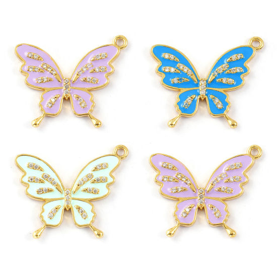 Изображение 1 Piece Brass Insect Charms 18K Gold Plated Enamel Butterfly Animal Micro Pave Clear Cubic Zirconia 26mm x 22mm